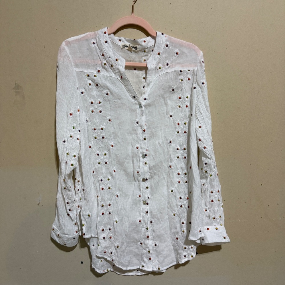 Hope Springs White Floral Embroidered Button Down Blouse Top Rainbow Large